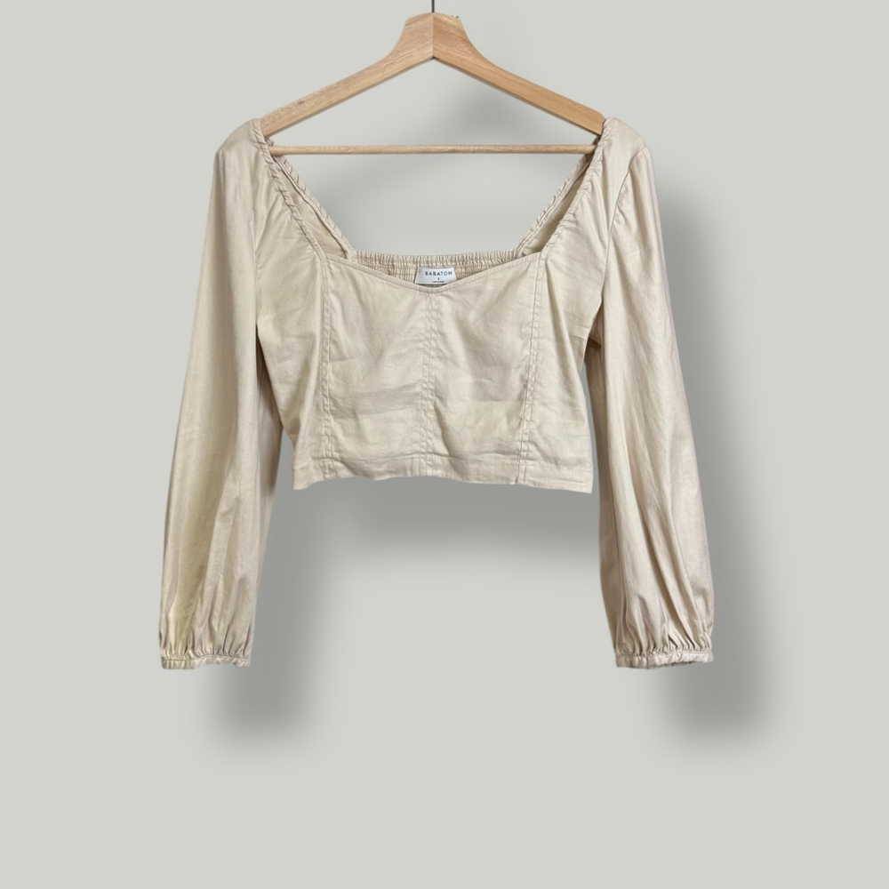ARITZIA BABATON Blouse Women Size Small Beige Hadwyn Top Longsleeves Linen Blend - Picture 6 of 16